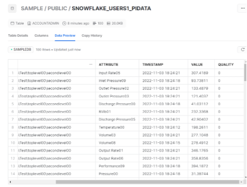 A screenshot from Snowflake showing the data